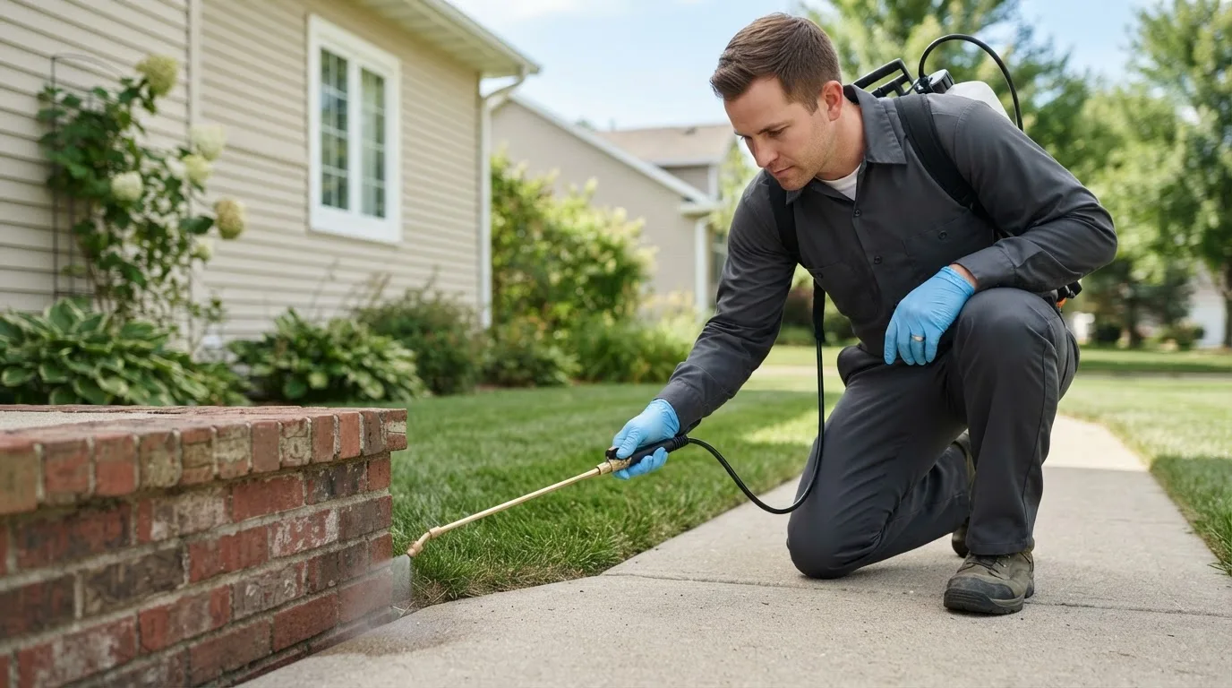 Pest control technician treating a home near Verndale, MN