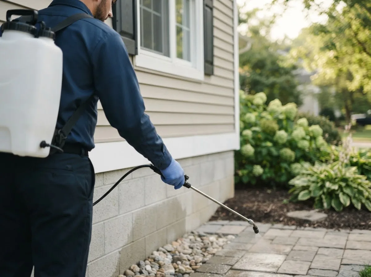 Pest control technician inspecting a home in Verndale, MN